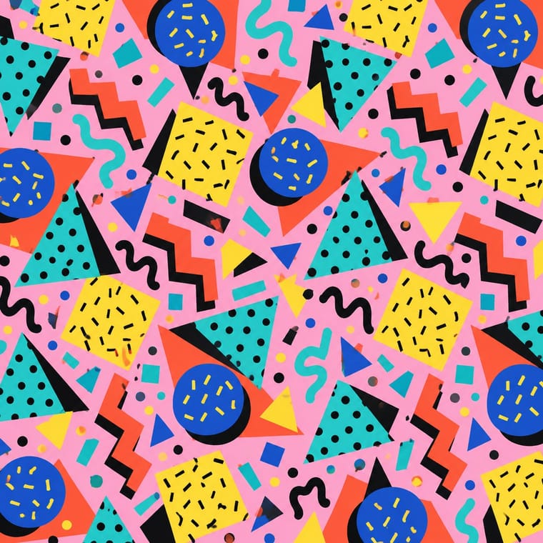 A dense geometric pattern on a pink background combines turquoise polka-dot triangles, yellow squares with black dashes, blue circles with yellow sprinkles, orange-red zigzags, and scattered squiggles and small shapes. Bold black offset shapes give many motifs a shadowed, layered appearance.