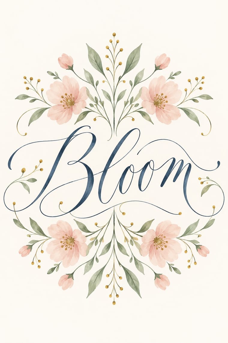 The word “Bloom” appears in large, flowing dark blue calligraphy on an ivory background. Symmetrical watercolor-style arrangements of pale pink flowers, green leaves, and fine stems with golden dots frame it above and below.