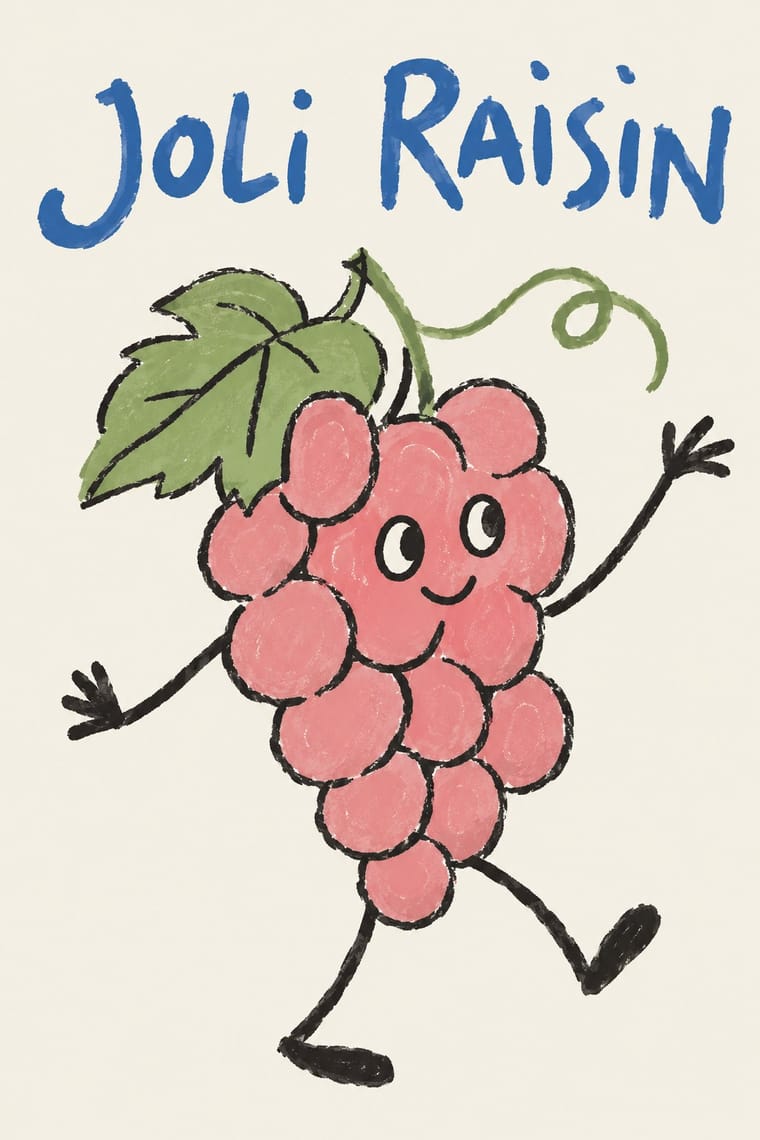 A smiling pink bunch of grapes with cartoon eyes, outstretched arms and walking legs sits beneath blue hand-painted lettering reading “Joli Raisin.” A large green leaf and curling vine top the bunch against a cream background.