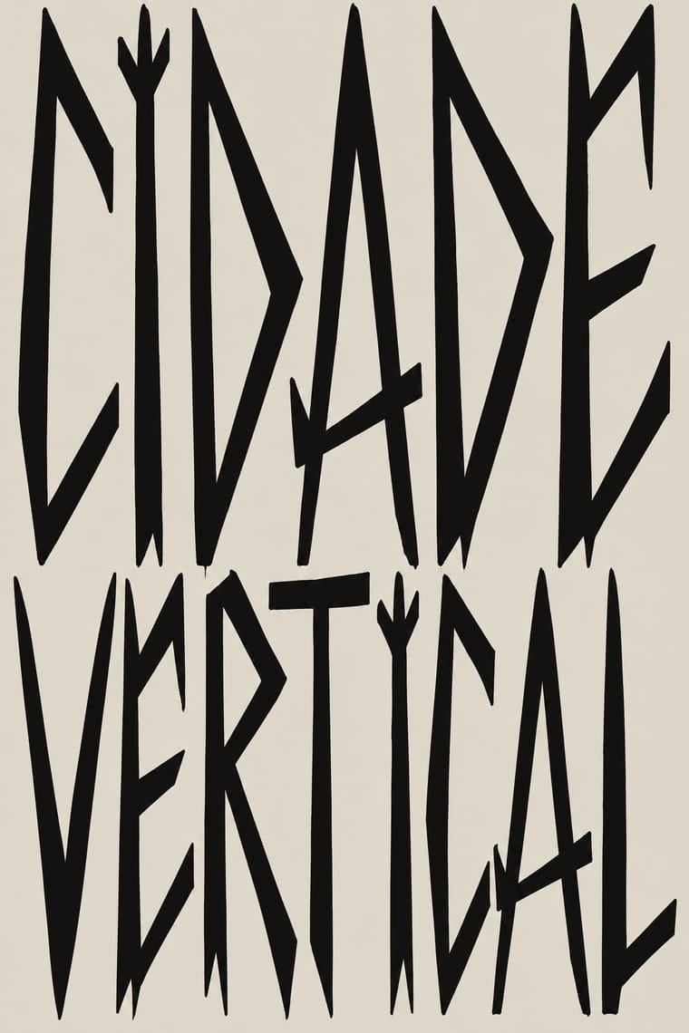 Tall, sharply angular black lettering reads “CIDADE VERTICAL” in two tightly packed rows on a pale cream background. The elongated letters have pointed ends, with forked, arrow-like shapes topping the two I characters.