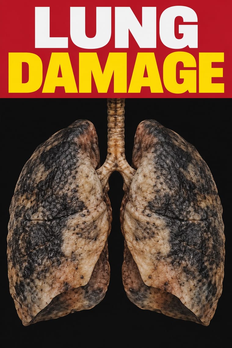 A realistic-looking pair of lungs with extensive black mottling and an attached windpipe fills a black background. Above them, a red header reads “LUNG” in large white capitals and “DAMAGE” in yellow capitals.