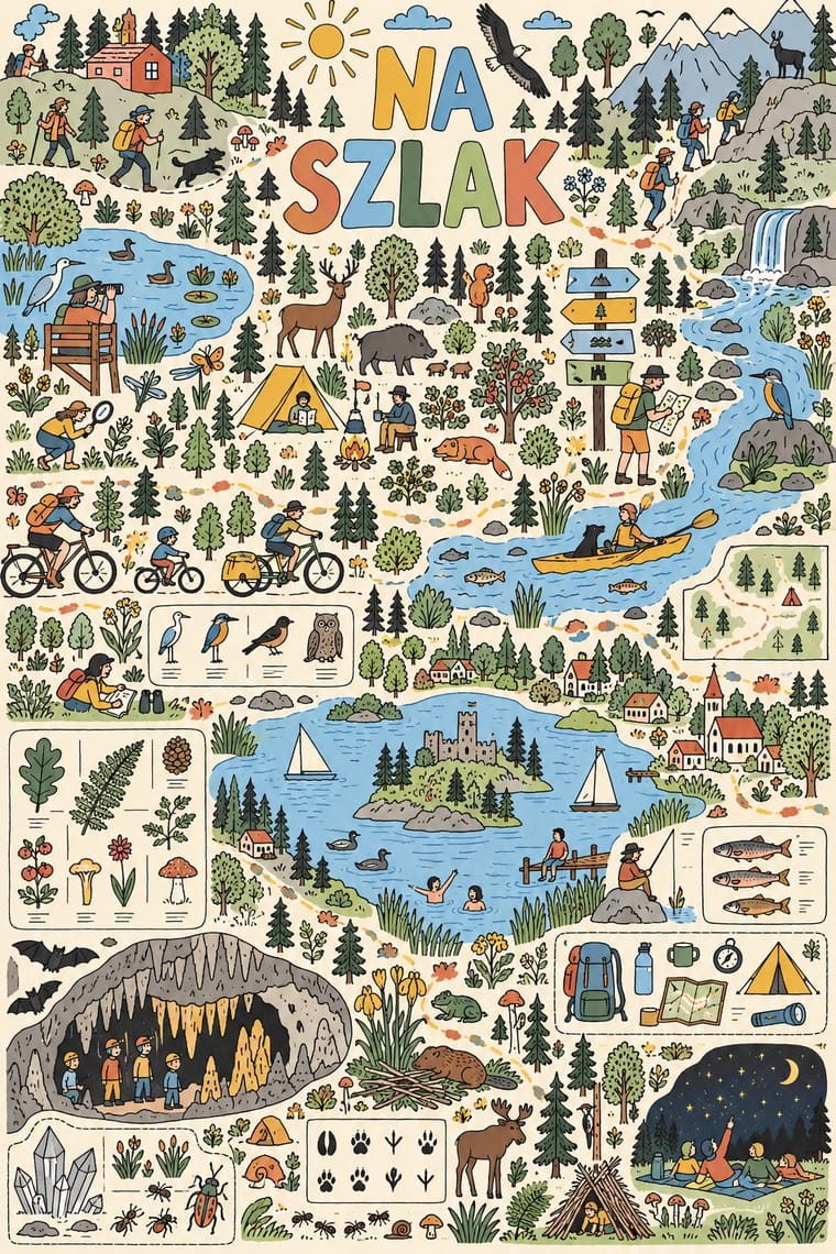 A densely illustrated nature poster headed “NA SZLAK” shows people hiking, cycling, camping, paddling, swimming and exploring a cave among forests, mountains, lakes and wildlife. Small bordered identification charts feature birds, plants, fish, insects, animal tracks and outdoor equipment.