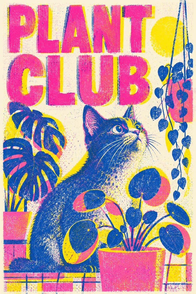 Large pink lettering reading “PLANT CLUB” sits above a blue cat looking upward among potted houseplants and trailing vines. Bright yellow and pink offset shapes and grainy ink textures cover the cream background.