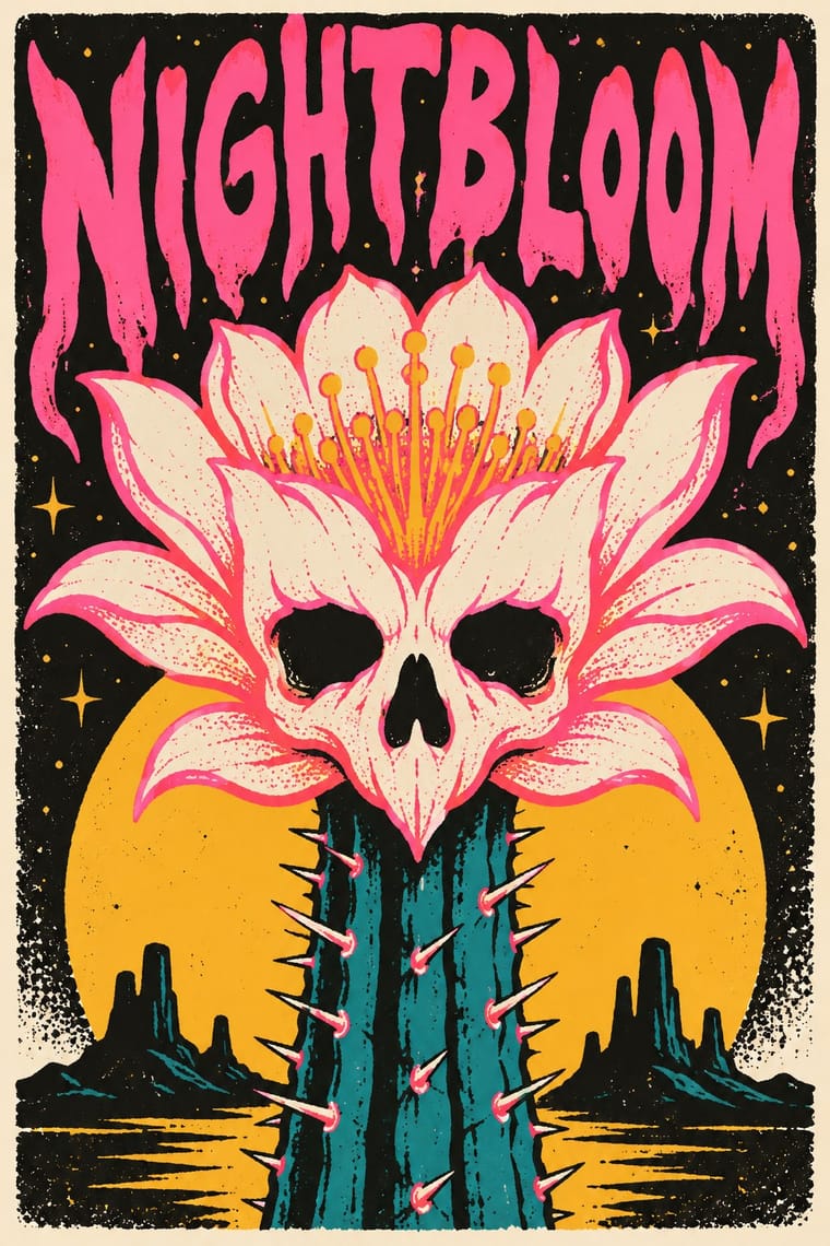 A towering teal cactus bears a large cream-and-hot-pink flower whose lower petals form a skull face. A yellow disk, desert mesas and scattered stars sit behind it on a distressed black background, beneath tall pink lettering reading “NIGHTBLOOM.”