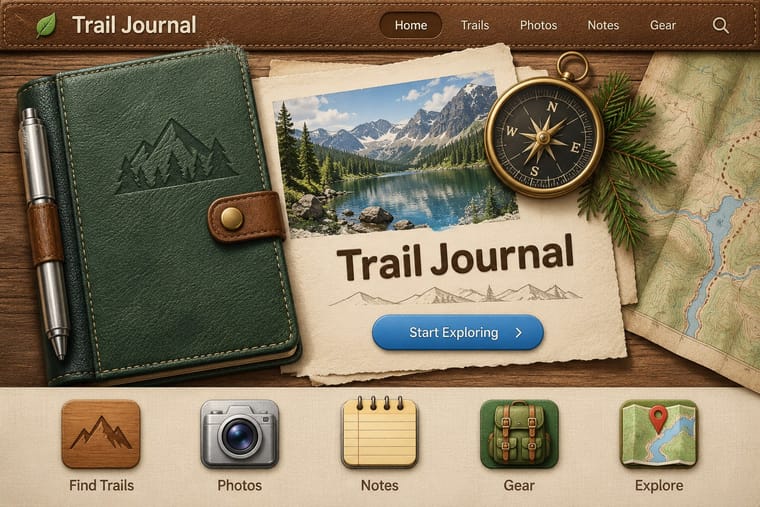 An outdoors-themed homepage places a green leather journal and pen beside layered paper, a mountain lake photograph, a brass compass, pine sprigs and a topographic map on a wooden surface. A stitched leather navigation bar tops the page, and five illustrated shortcuts sit beneath a blue “Start Exploring” button.