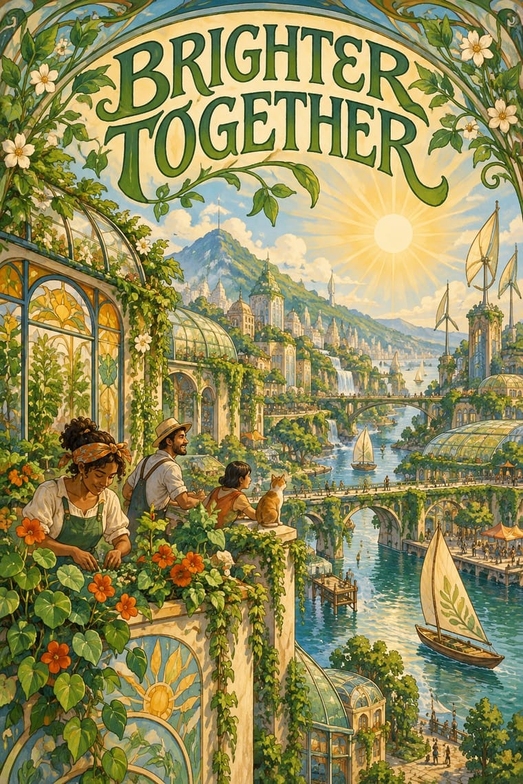 An ornate illustrated poster reads “BRIGHTER TOGETHER” above a sunlit, plant-covered city with glasshouses, bridges, waterfalls, wind turbines and sailboats on a canal. In the foreground, a woman tends flowers beside a man, a child and a cat, with flowering vines framing the scene.