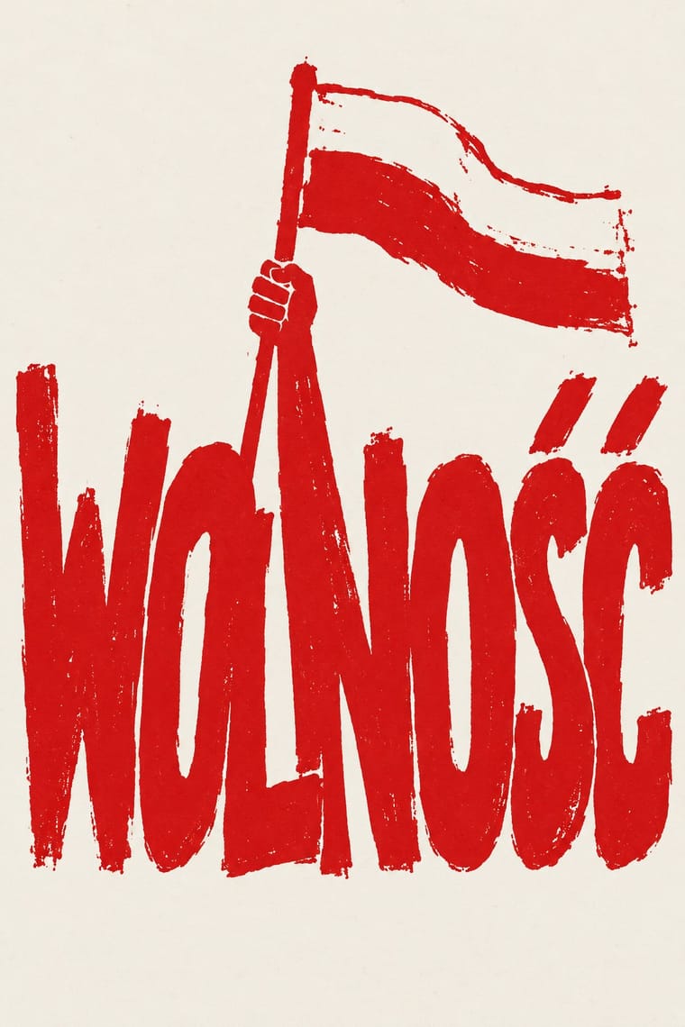 Large, rough-edged red lettering reading “WOLNOŚĆ” fills the lower portion of a cream poster. A raised hand and elongated arm integrated into the lettering hold a waving Polish flag above it.