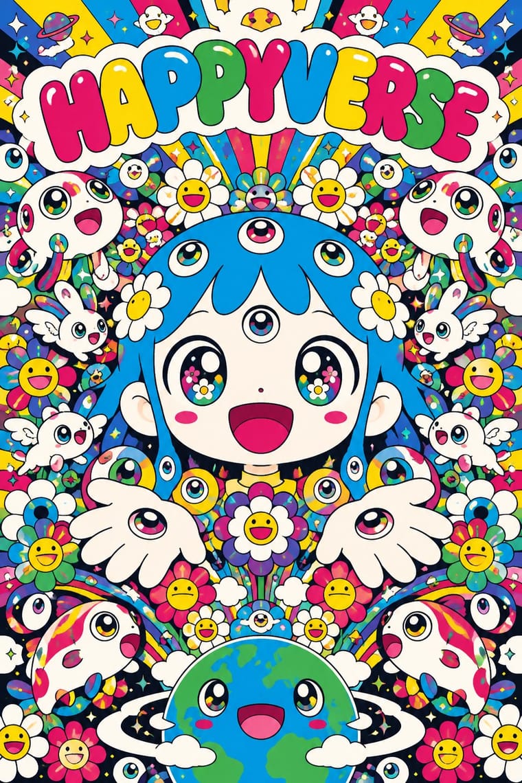 A densely packed, brightly coloured cartoon poster reads “HAPPYVERSE” above a smiling blue-haired character with extra eyes on their forehead, hair and outstretched palms. Smiling flowers, winged rabbits, floating creatures, stars and planets surround the character, with a smiling Earth at the bottom.