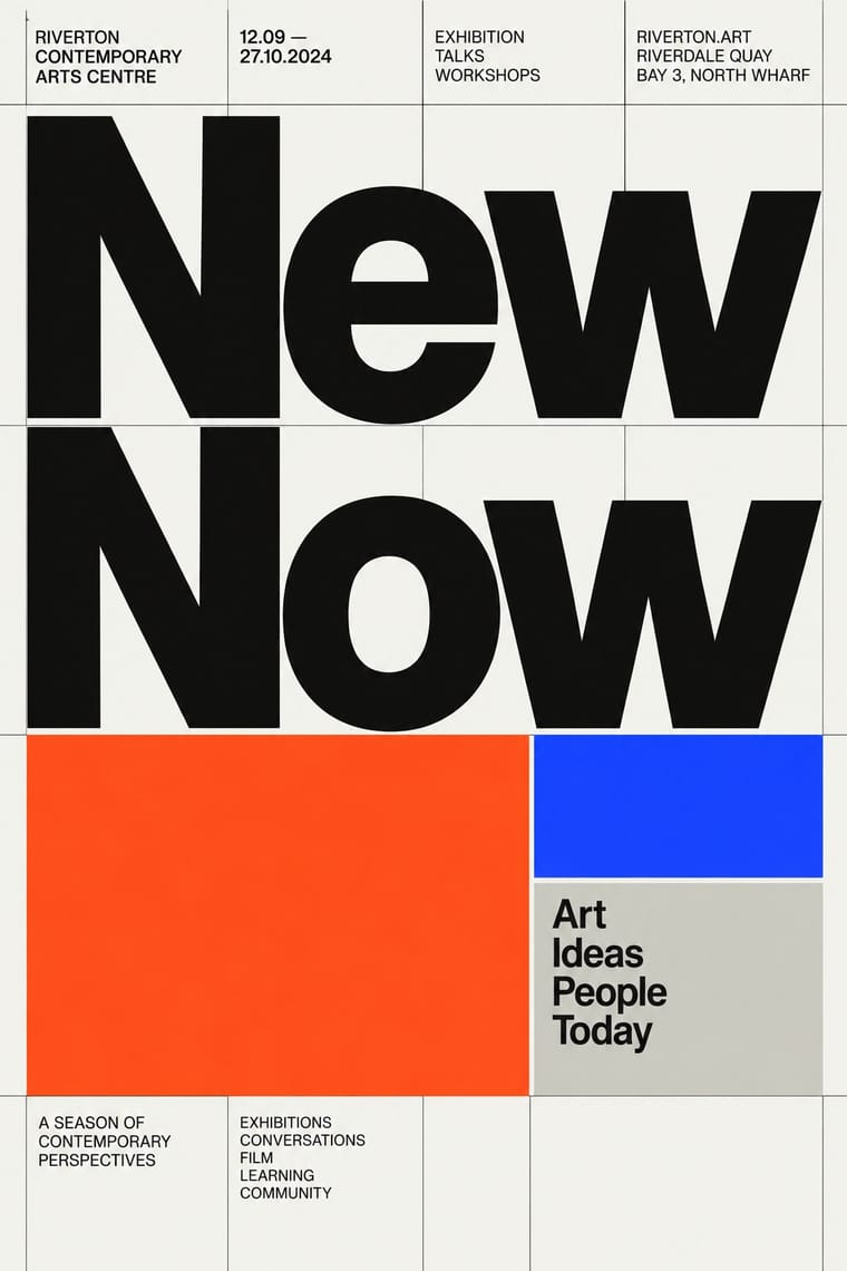A typographic arts poster features enormous black words “New” and “Now” stacked on an off-white background divided by thin grid lines. Orange-red, blue and pale gray rectangular fields sit below, alongside smaller exhibition details and the words “Art Ideas People Today.”