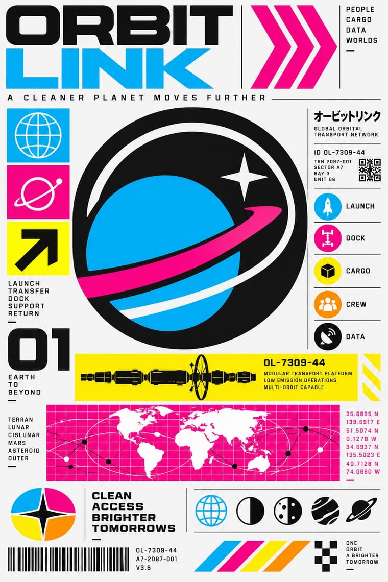 A dense futuristic transport poster headed “ORBIT LINK” features a large cyan planet with pink and white orbital rings on a black circular field. Bright geometric icons, a spacecraft silhouette, a world map with routes, technical labels and barcodes fill the surrounding white layout.