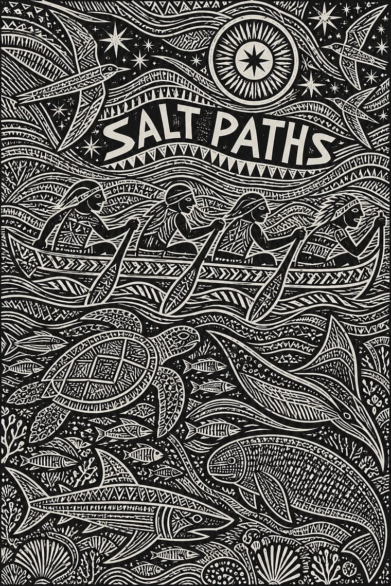 A black-and-cream woodcut-style poster reads “SALT PATHS” above four people paddling a long decorated canoe. Patterned waves surround seabirds, stars, a sun-like disk, a sea turtle, fish, a ray, and shells.