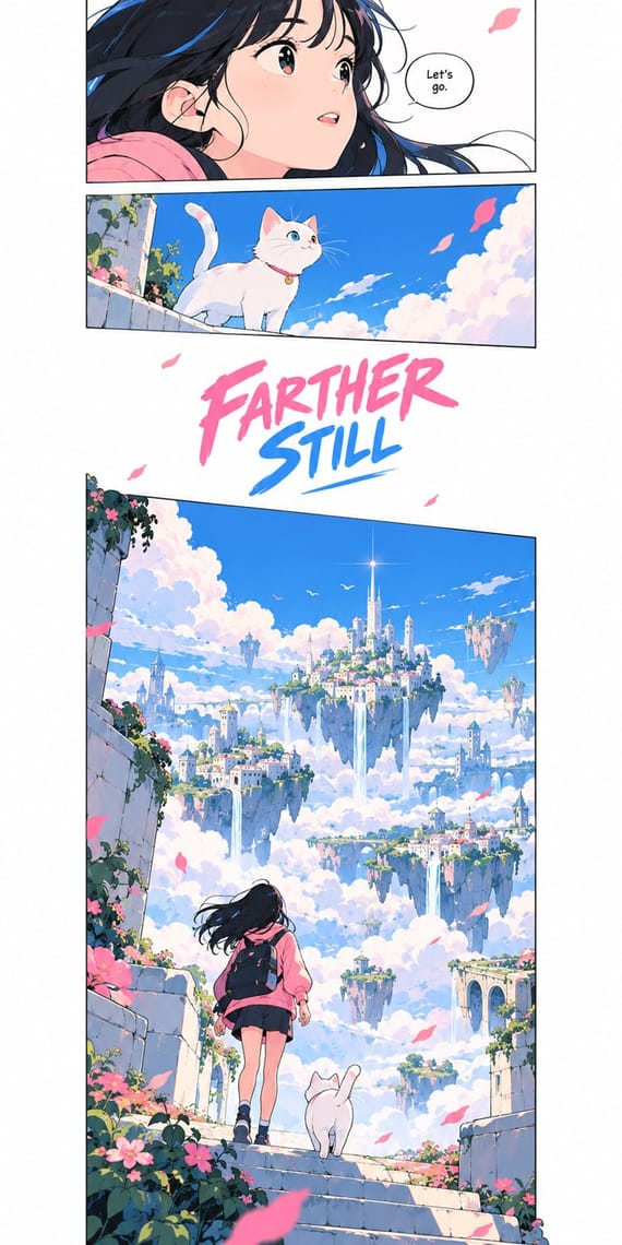 An anime-style poster shows a dark-haired girl in a pink jacket and a white cat, first in close-up panels and then standing on flower-lined stone steps overlooking floating castle islands and waterfalls among clouds. Pink petals drift across the bright blue skies, and the title reads “FARTHER STILL.”