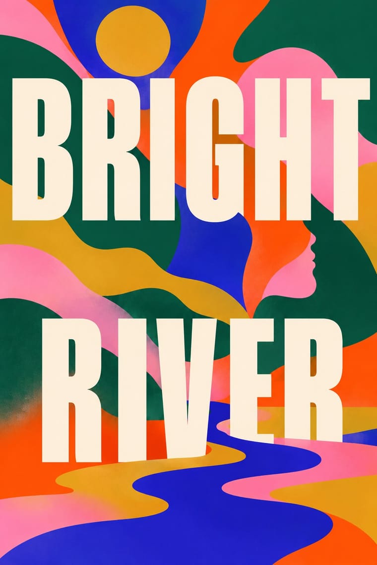 Large cream letters reading “BRIGHT RIVER” overlay flowing shapes in orange, pink, dark green, yellow and blue. A yellow circle sits near the top, a pink face appears in profile at the right, and a winding blue river fills the bottom.