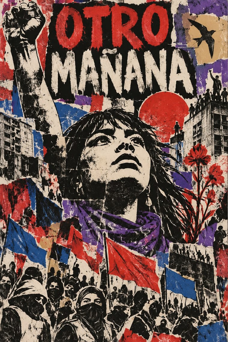 A distressed protest poster centres a woman looking upward with a raised fist, surrounded by masked demonstrators, red and blue flags, apartment buildings, red flowers and a flying bird. Large rough lettering across the top reads “OTRO MAÑANA” amid torn-looking patches of red, purple, blue, black and cream.