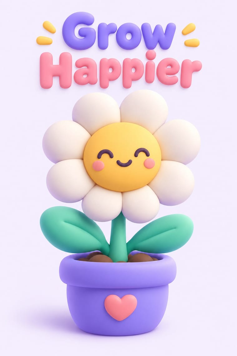 Rounded purple and pink lettering reads “Grow Happier” above a smiling white-petaled flower with a yellow center and green leaves. The flower sits in a purple pot decorated with a pink heart, all rendered as soft, rounded three-dimensional forms against a pale lavender background.