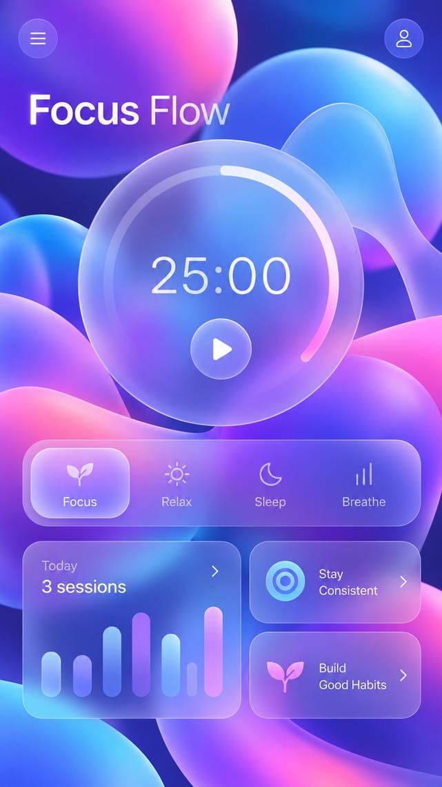 A vivid blue, purple and pink focus-timer interface features a large translucent circular timer reading 25:00 with a play button. Glossy abstract shapes surround glass-like navigation tabs, a session bar chart and two habit-building cards.