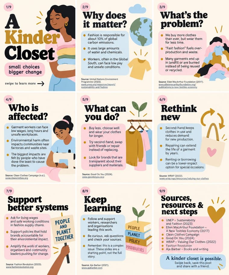 A three-by-three grid of nine illustrated educational slides titled “A Kinder Closet” explains the environmental and human impacts of fashion and suggests more sustainable clothing habits. Pastel pink and blue text boxes accompany drawings of people, clothes, Earth, a sewing machine, a tote bag, plants, books and a protest sign.
