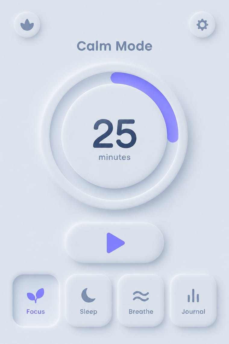 A pale blue meditation app screen titled “Calm Mode” shows a large circular 25-minute timer with a purple progress arc and a play button beneath it. Raised, softly shadowed controls include settings and bottom navigation for Focus, Sleep, Breathe, and Journal.