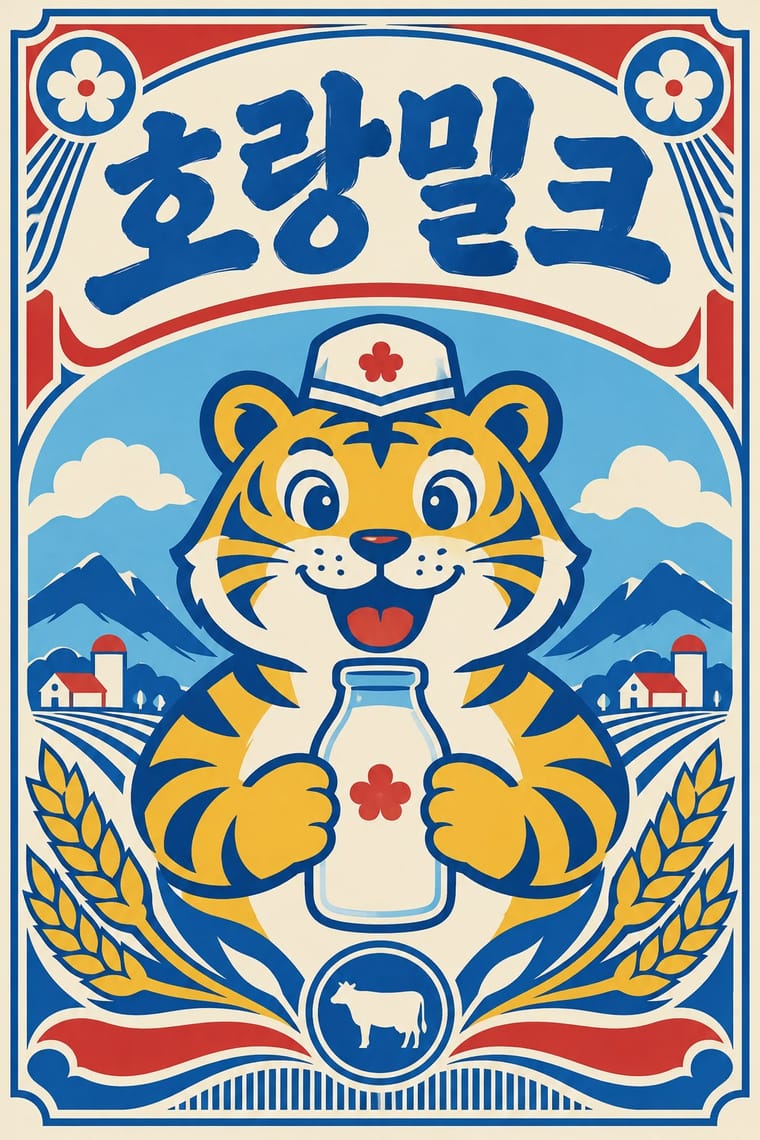A smiling cartoon tiger wearing a white cap holds a bottle of milk beneath large blue Korean lettering. Mountains, farms, wheat stalks, flower motifs and a small cow emblem fill an ornate blue, red and cream border.