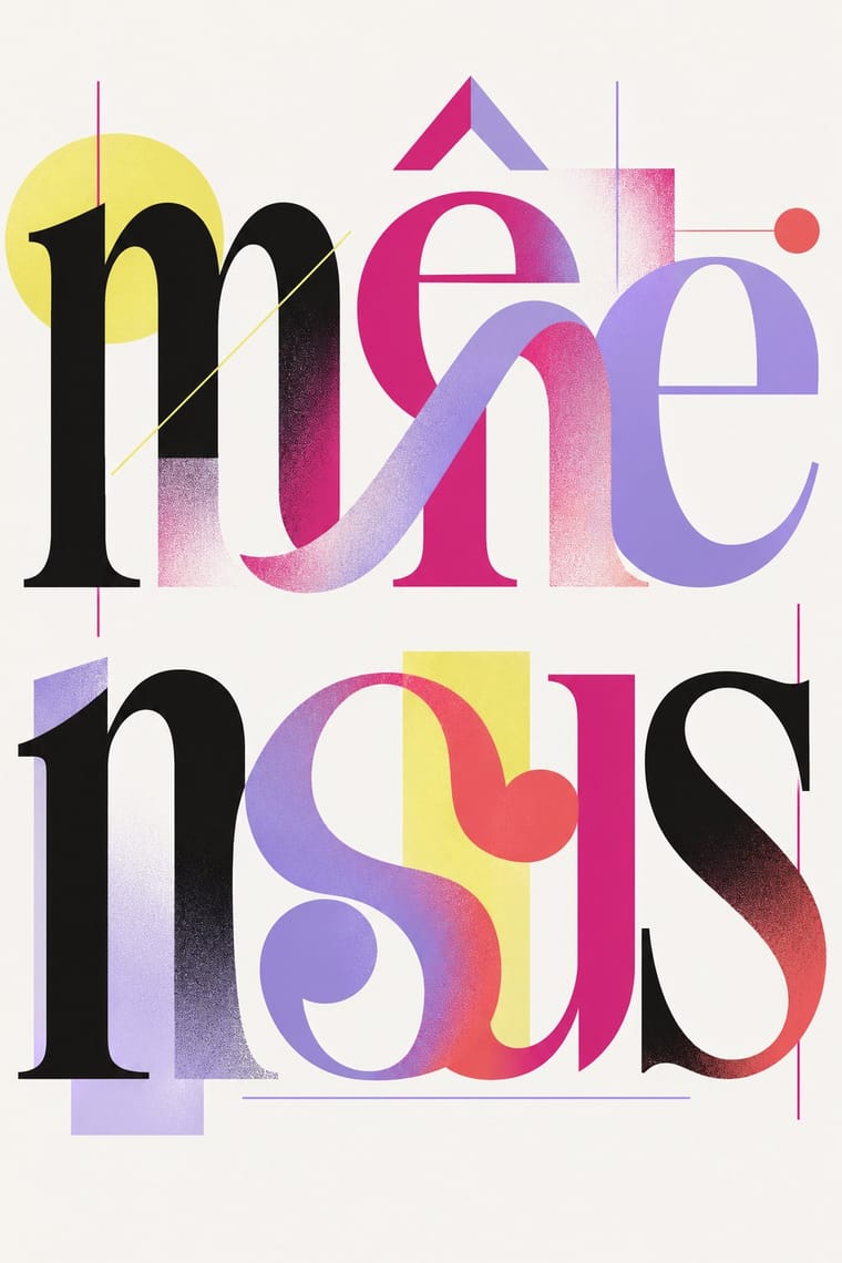Oversized, overlapping lowercase serif letters fill two rows on an ivory background, with a circumflex above the upper row. Black, magenta, lavender, coral and yellow shapes blend through speckled gradients, accented by thin lines, rectangles and circles.